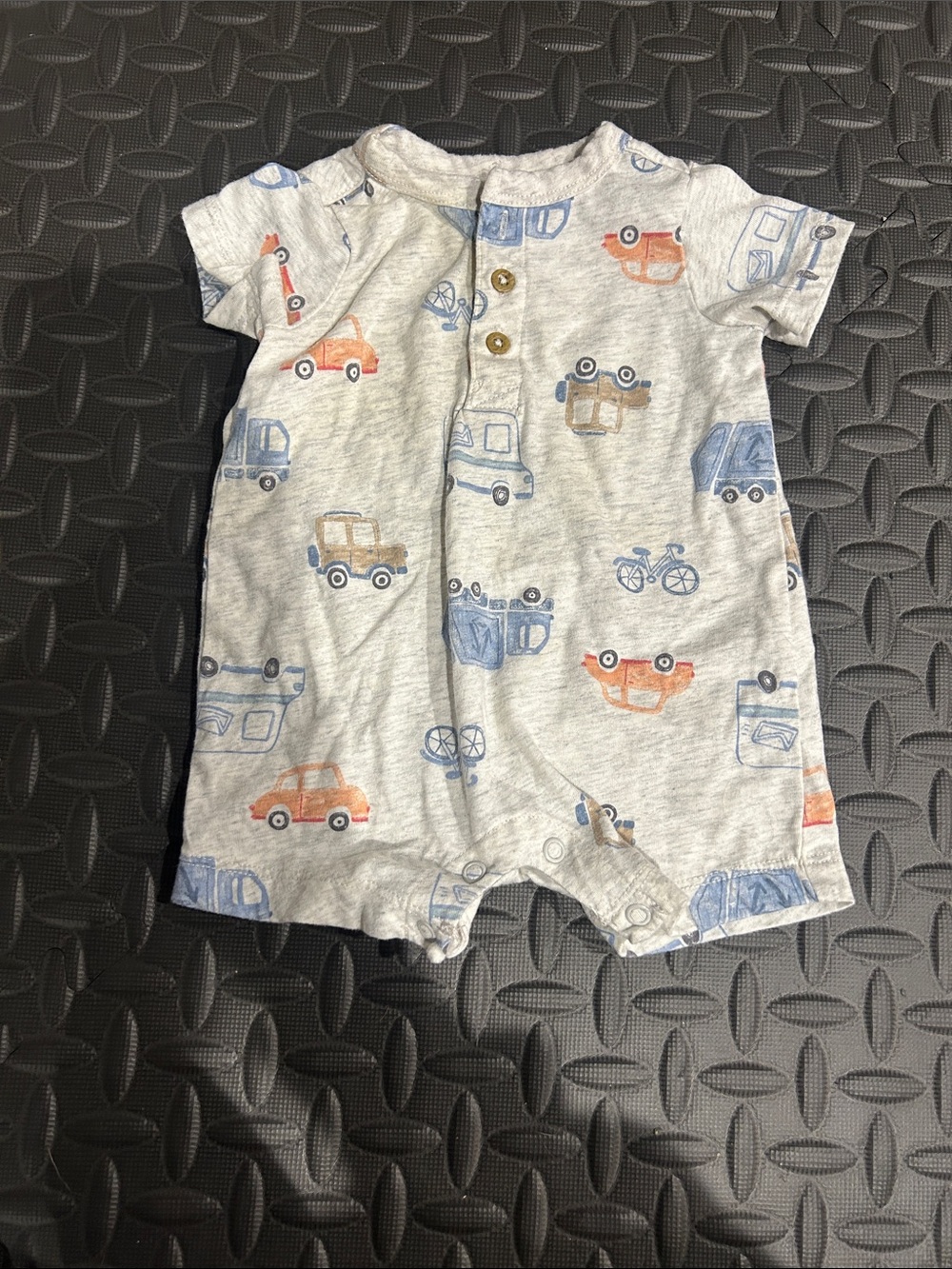 Carter's Gray Short-Sleeve Tee-Style Romper with Blue and Orange Car Print